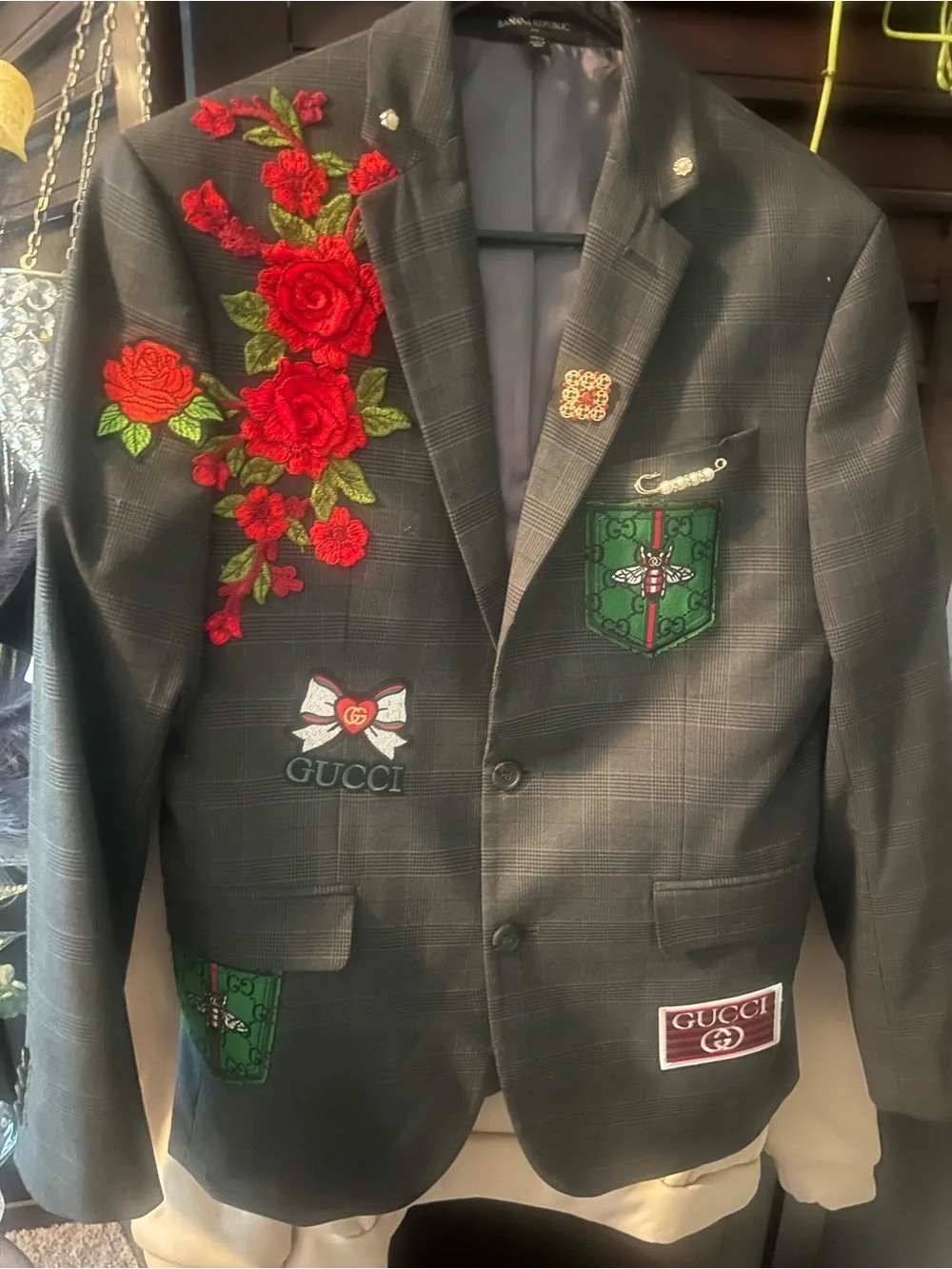 Patch Black Plaid Blazer with Red Rose Embroidery and Green Crest Patches
